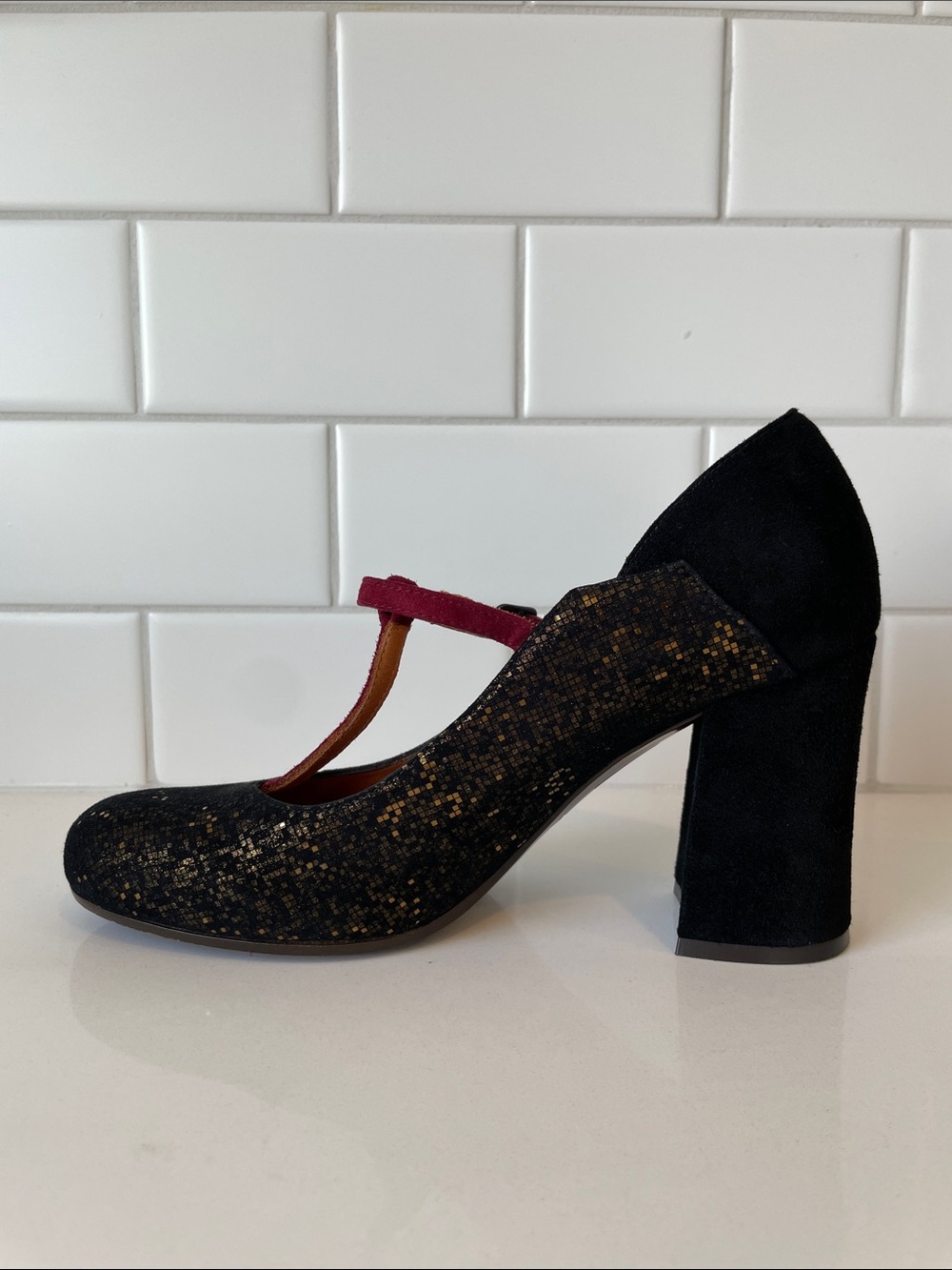 Chie Mihara Black Glitter Mary Jane Heels with Wine Pink Strap • Size 37 - Picture 12 of 16